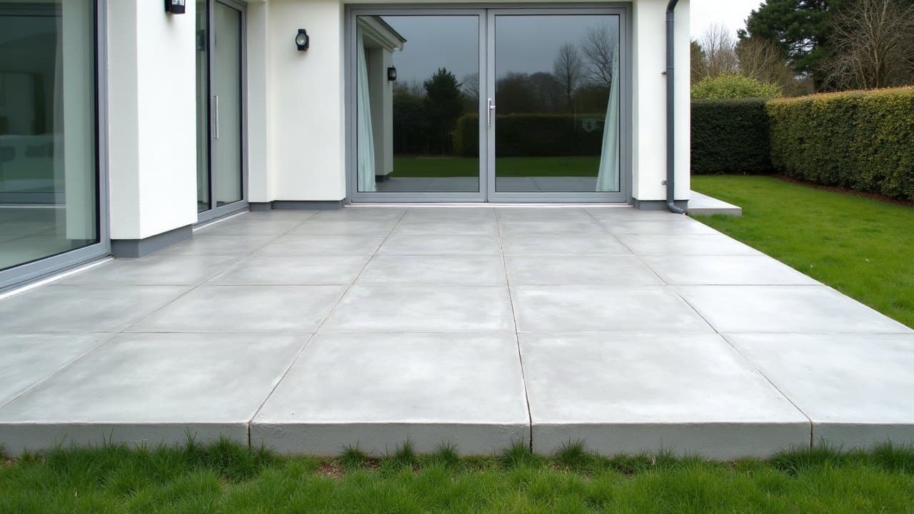 Dalle de terrasse en béton finie, joints de fractionnement nets le long d'une maison enduite