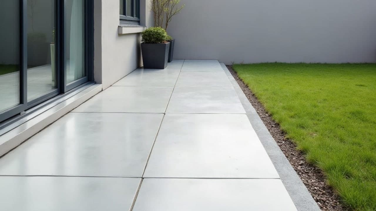 Dalle de terrasse en béton terminée, surface talochée lisse et bord net