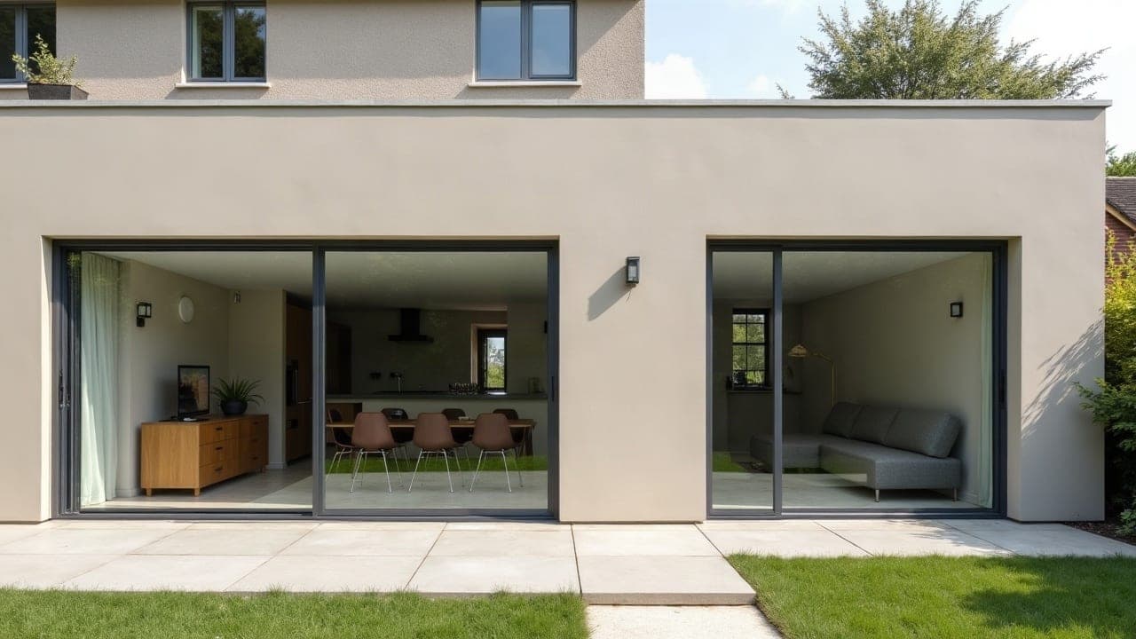Extension maçonnée achevée, enduit fini et large baie vitrée sur terrasse béton
