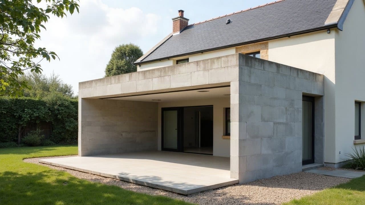 Gros œuvre d'une extension de plain-pied en blocs béton, montée sur dalle neuve contre une maison enduite