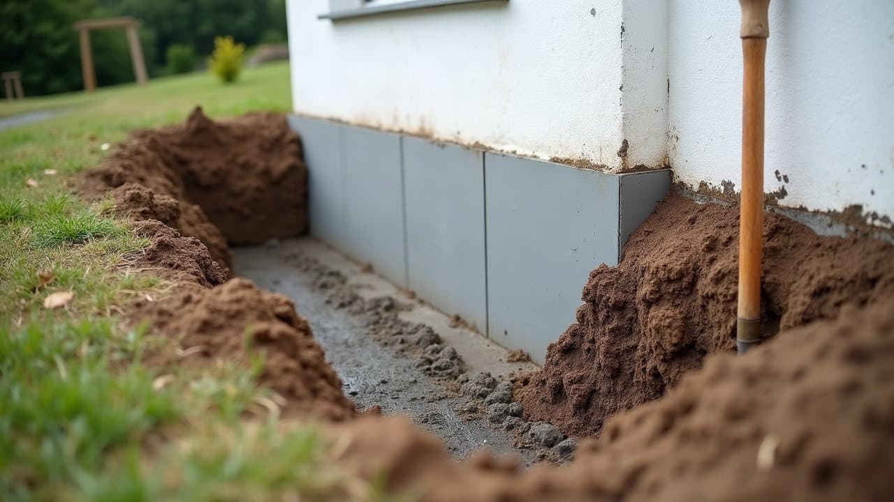 Fouille ouverte au pied du mur d'une maison enduite : la fondation dégagée avant la reprise en sous-œuvre