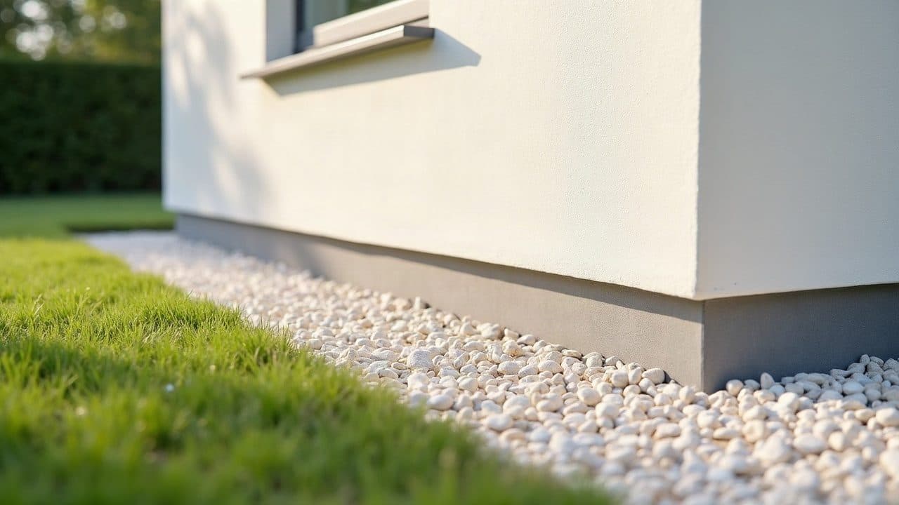 Mur de soubassement en blocs béton d'une extension, enduit d'étanchéité propre, sur lit de gravier
