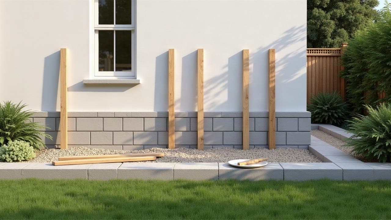 Étaiement bois contre un mur repris en sous-œuvre, soubassement en blocs béton