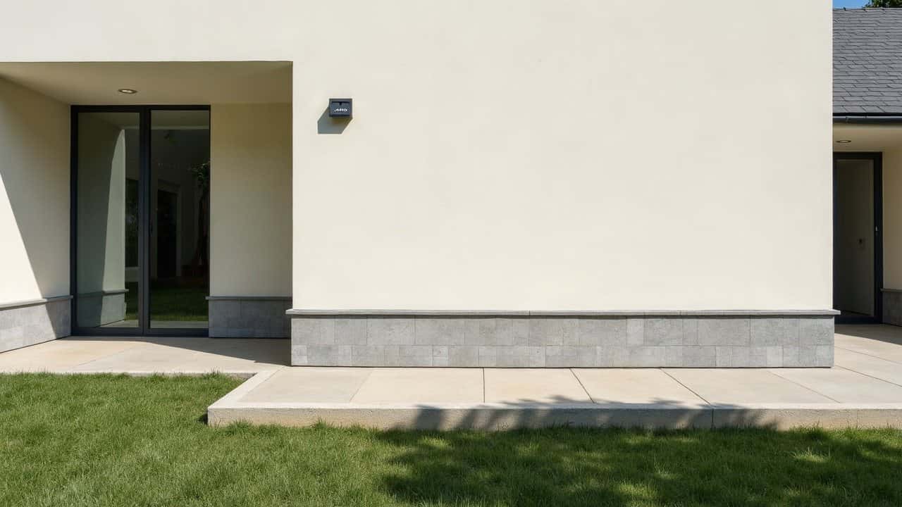 Rez-de-chaussée d'une maison récente, soubassement en blocs béton gris sous un enduit clair, allée béton neuve