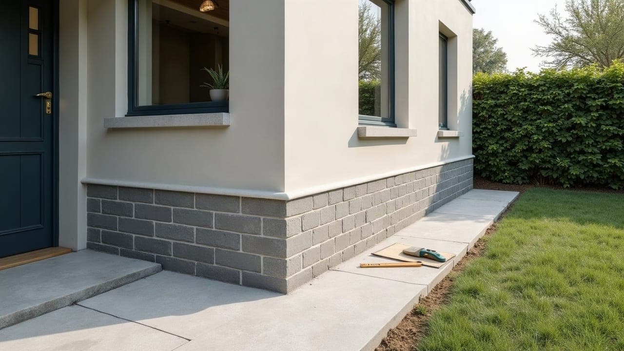 Angle de maison, soubassement en blocs béton, mur enduit et cheminement béton, outils au repos