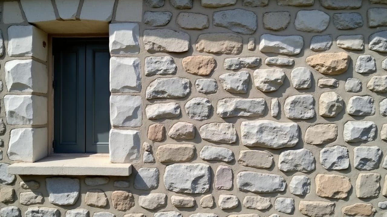 Détail de joints à la chaux refaits sur un mur ancien en pierre, joints clairs et réguliers