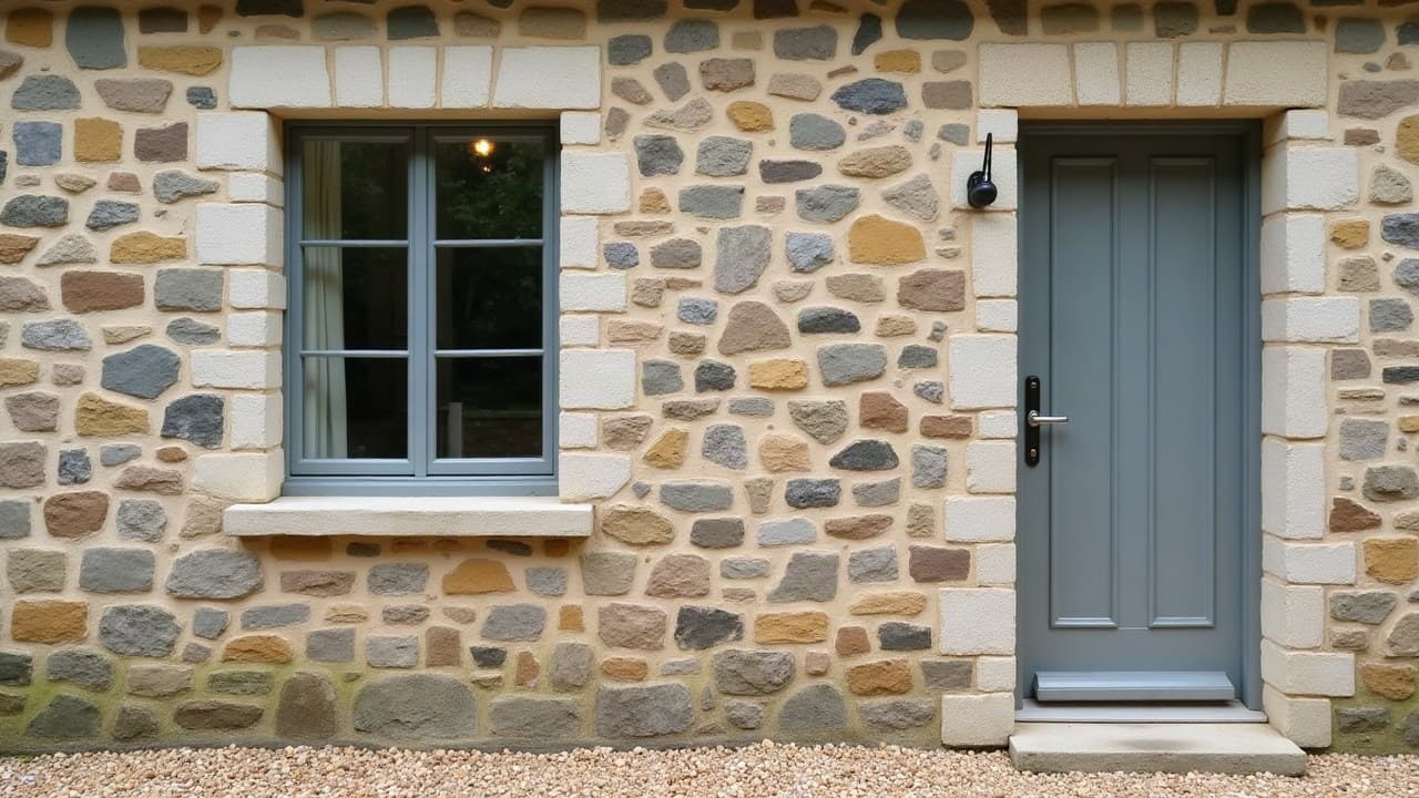 Mur ancien en moellons de pierre rejointoyé à la chaux, joints clairs et nets, fenêtre et porte neuves