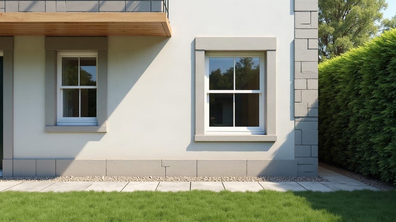 Mur enduit d'une maison au-dessus de son soubassement, bande de gravier et cheminement au pied