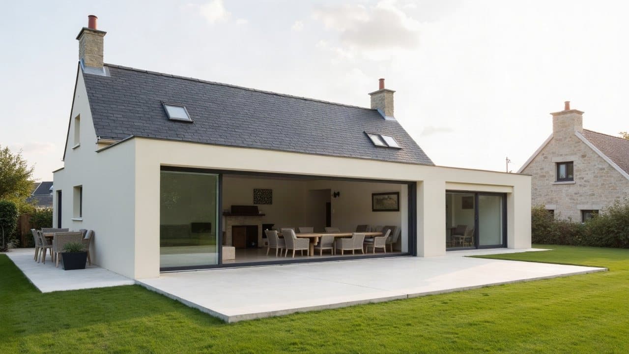 Extension maçonnée enduite de teinte claire, accolée à un pavillon, avec une grande baie vitrée ouverte sur le jardin