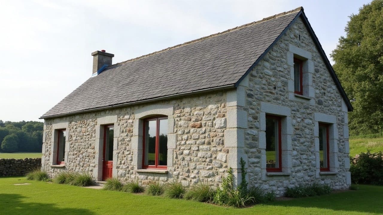 Pignon en pierre d'une ancienne ferme rejointoyé à la chaux