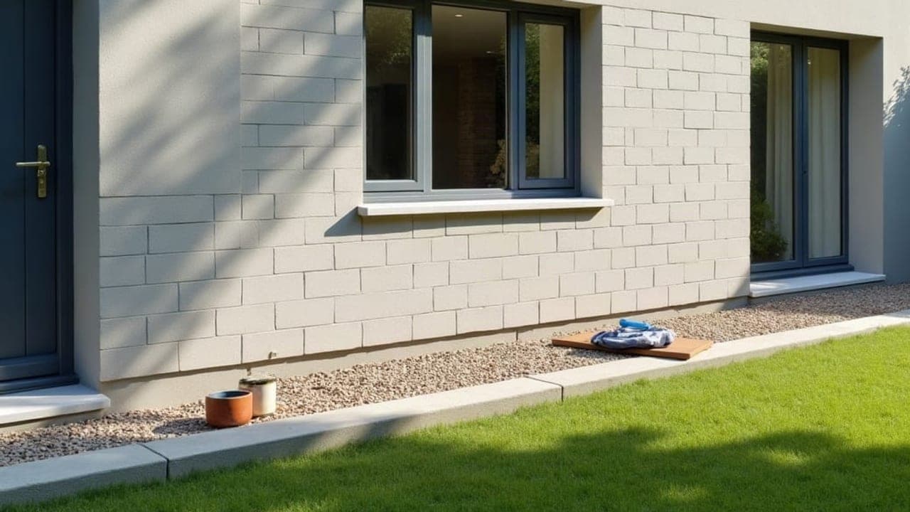 Mur d'extension en blocs béton à Caudan, appuis de fenêtre posés et lit de gravier au pied