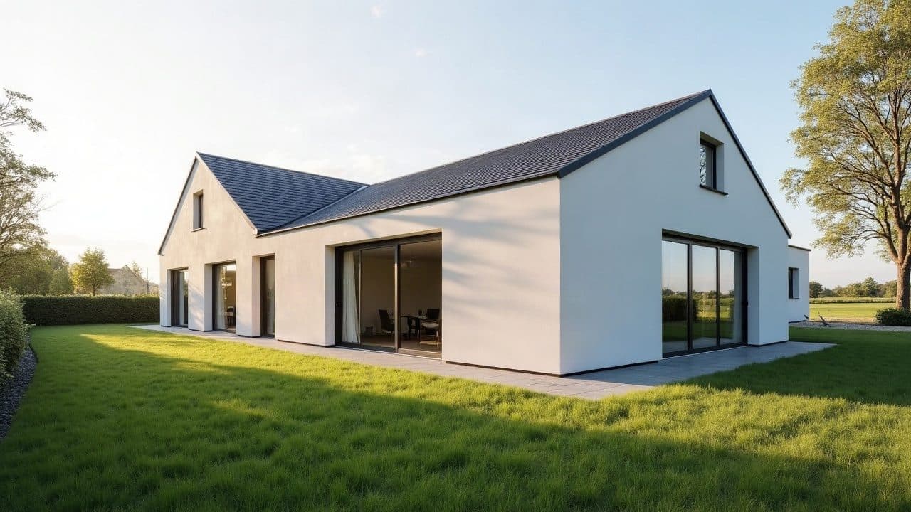 Extension enduite avec grande baie coulissante sur une parcelle arborée