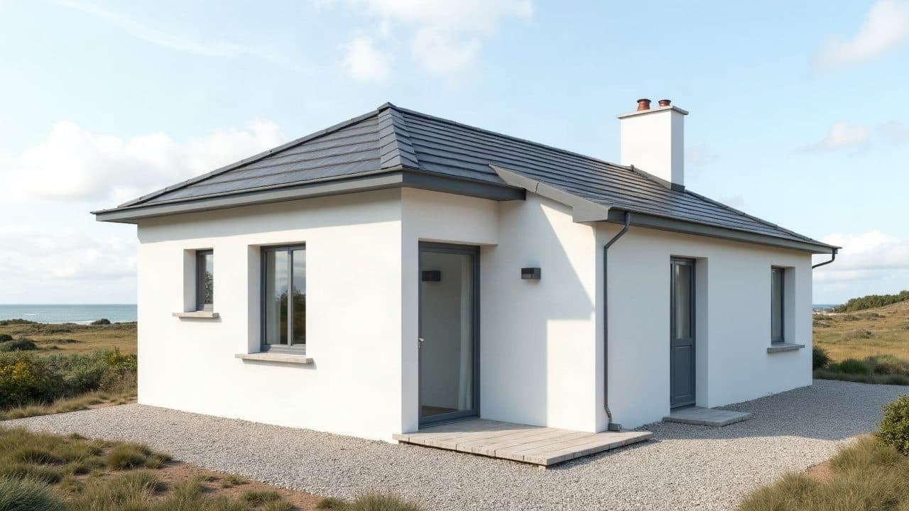 Petite maison d'après-guerre en bord de mer, façade enduite de blanc à neuf et fenêtres grises