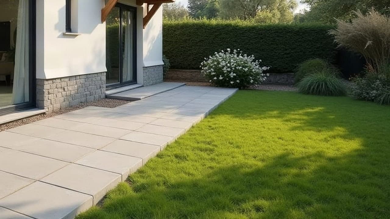 Terrasse et seuil béton au pied d'une maison enduite à Gâvres, soubassement en pierre