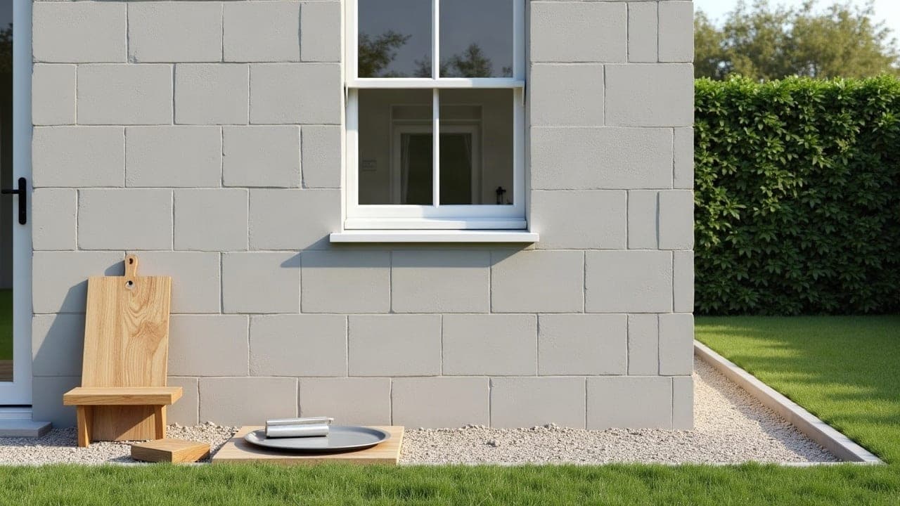Mur d'extension en blocs béton à Gestel, outils d'enduit au repos au pied du mur