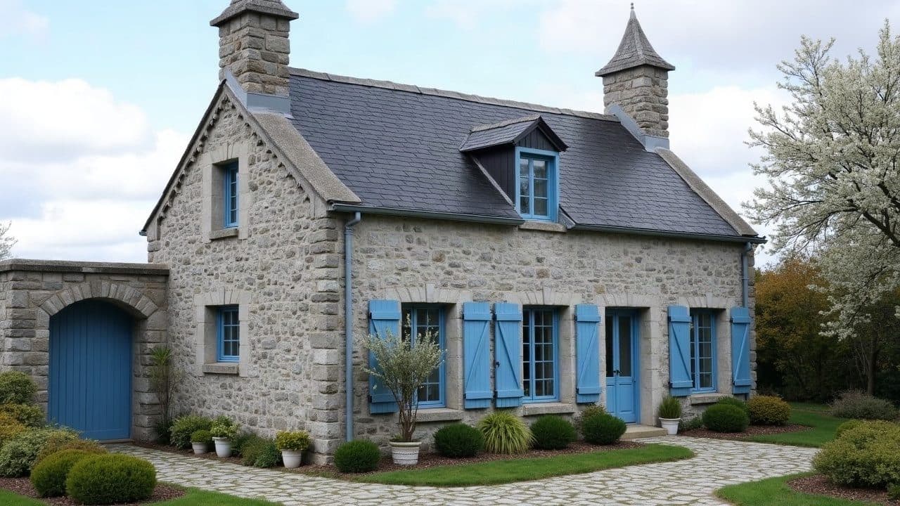 Maison de l'île de Groix en pierre, joints à la chaux refaits et volets bleus