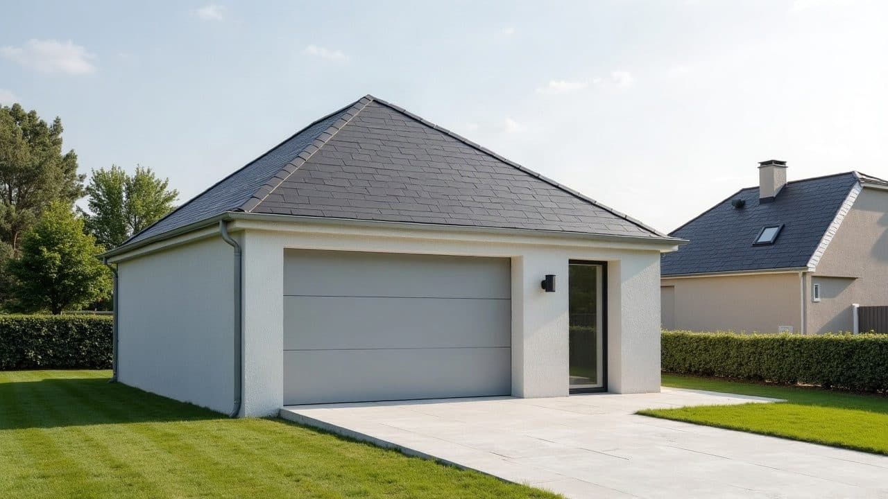 Garage indépendant maçonné et enduit, porte sectionnelle grise, sur dalle béton neuve
