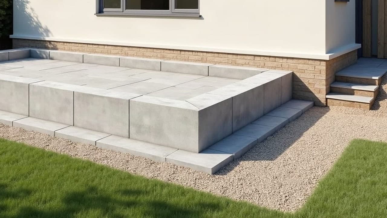 Terrasse maçonnée surélevée en béton contre une maison enduite à Hennebont