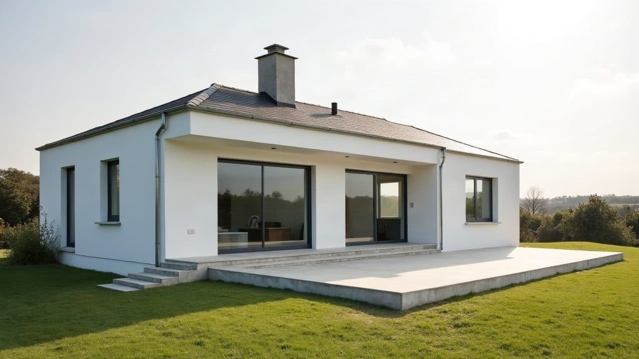 Pavillon enduit des années 1970 avec marches d'entrée et terrasse béton neuves