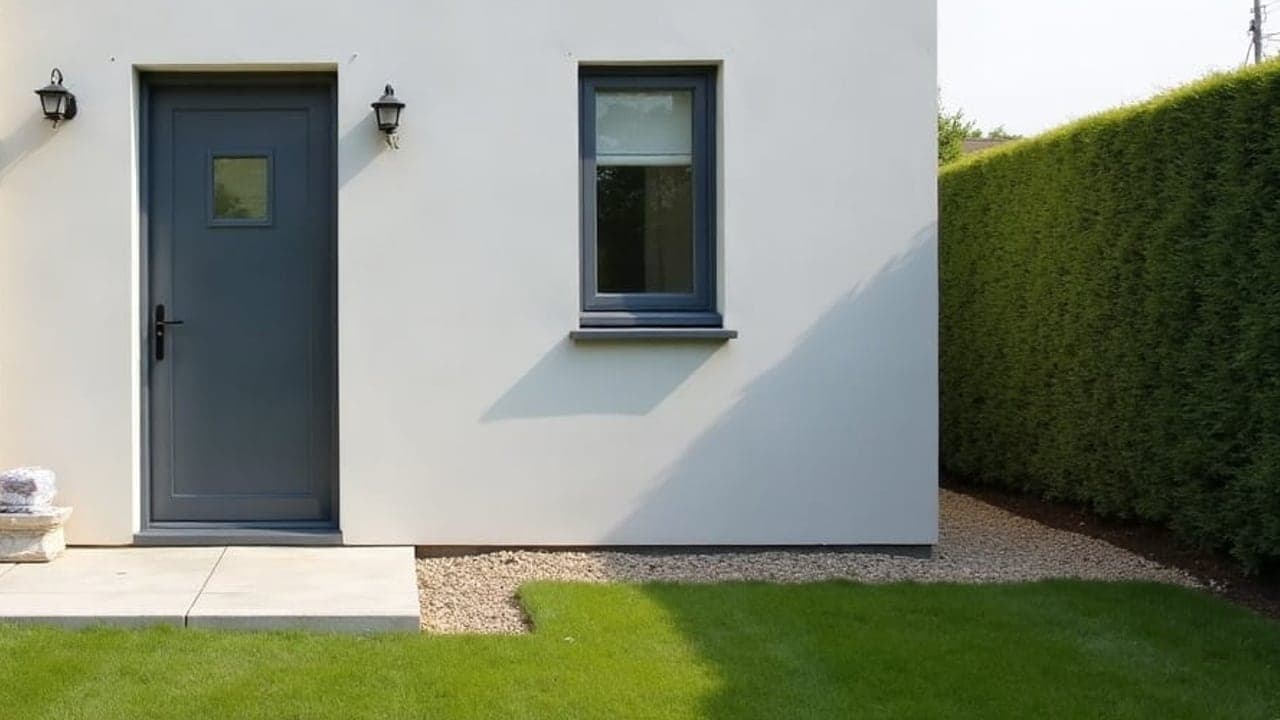 Annexe maçonnée achevée à Inzinzac-Lochrist, murs enduits et cheminement béton