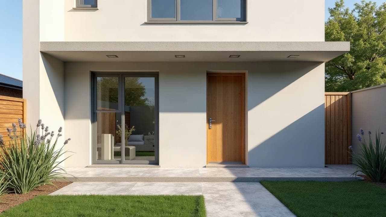 Auvent béton et cheminement neufs au rez-de-chaussée d'une maison enduite à Lanester