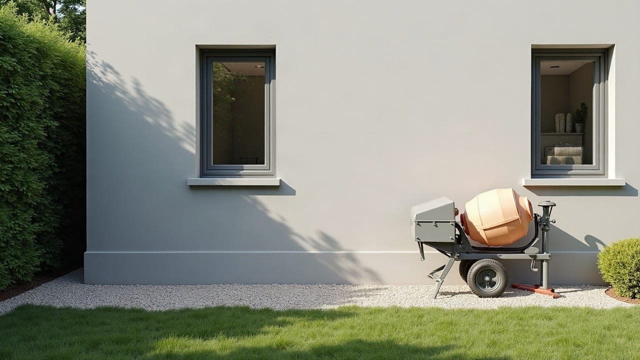 Mur enduit refait sur une maison de Lanvaudan, bétonnière au repos au pied du mur