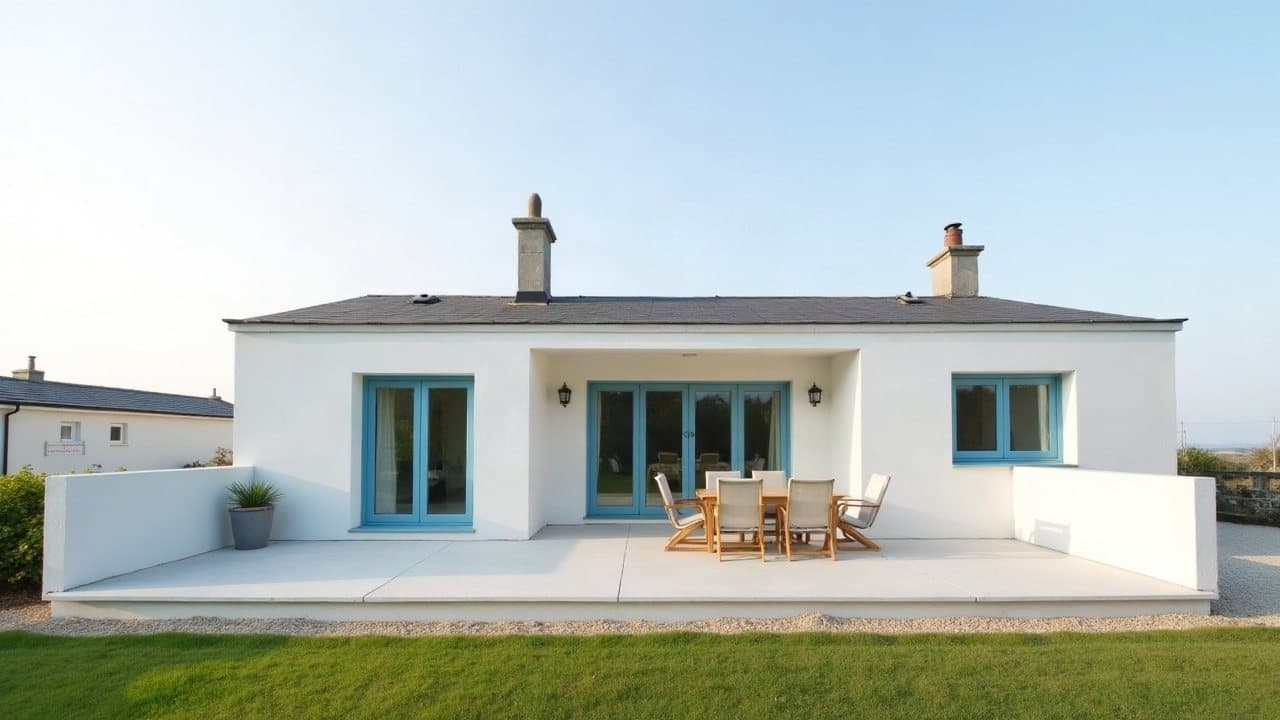 Pavillon littoral à Larmor-Plage, enduit blanc neuf et terrasse béton bordée d'un muret enduit