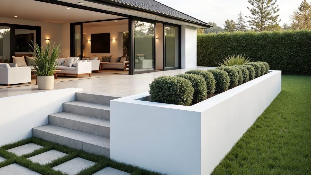 Muret enduit et terrasse béton neufs d'une maison littorale