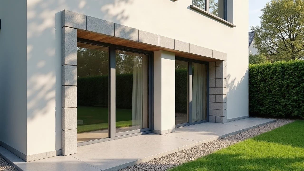 Baie neuve ouverte au rez-de-chaussée d'une maison enduite à Lorient, linteau et jambages béton, terrasse neuve