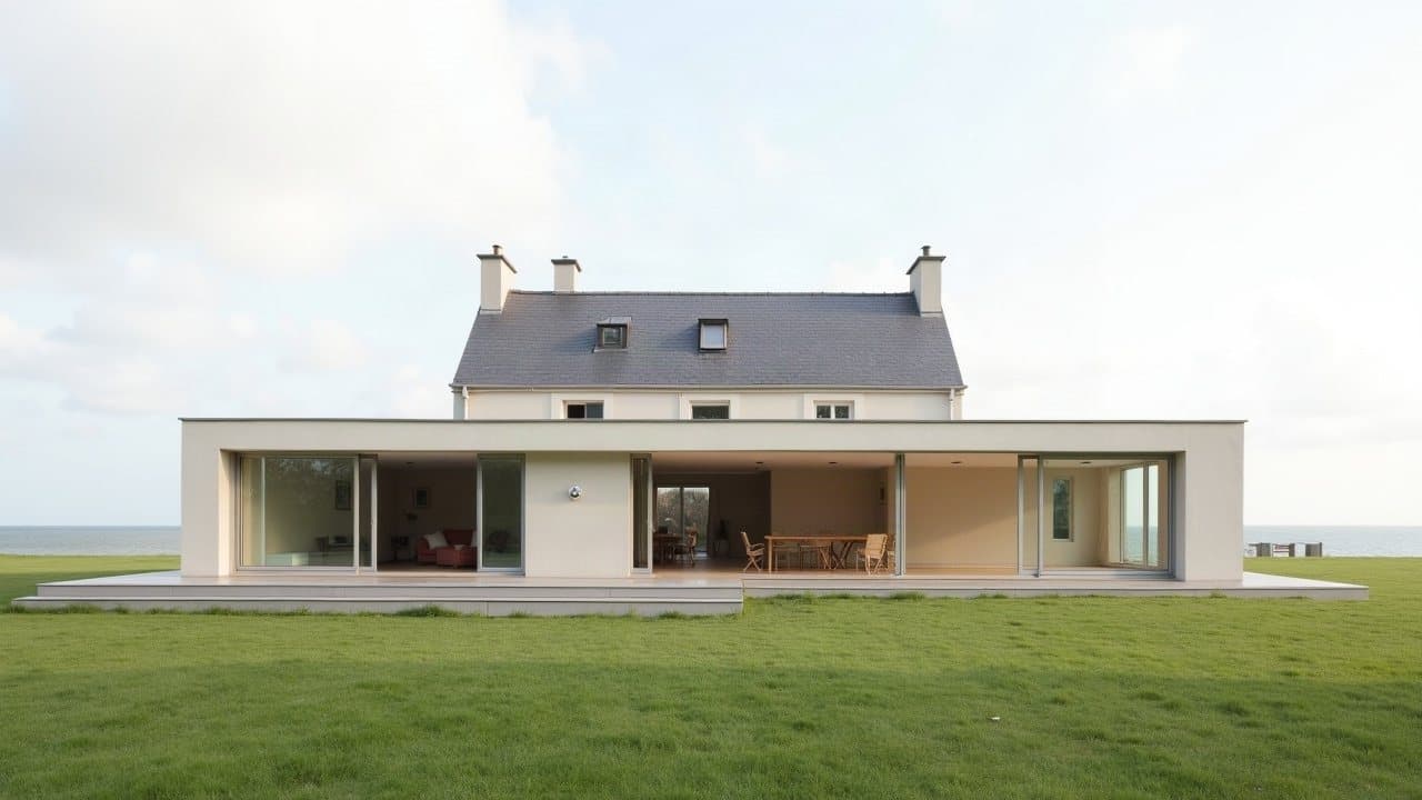 Extension de plain-pied enduite accolée à une maison des années 1970 à Ploemeur, grande baie vitrée