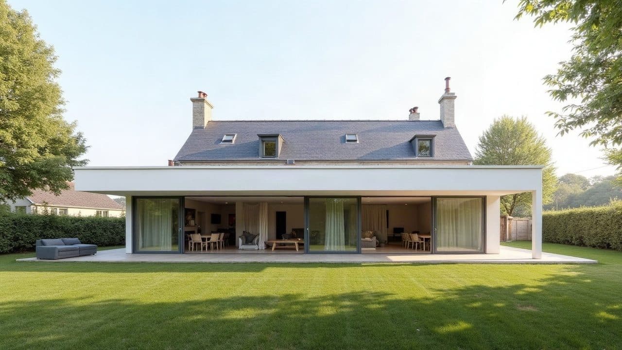 Extension de plain-pied enduite de blanc accolée à une maison des années 1970, grandes baies vitrées