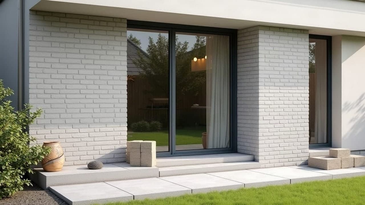 Blocs béton posés au pied d'une baie et terrasse neuve devant une maison à Ploemeur