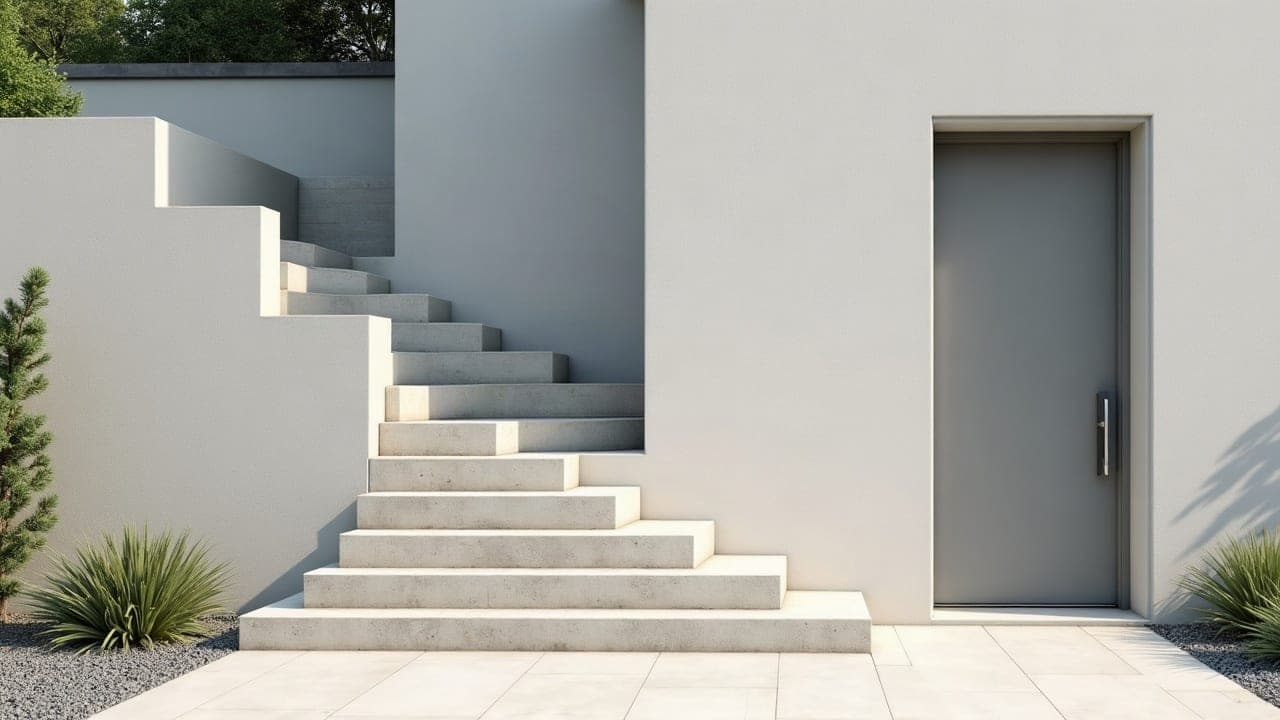 Escalier extérieur maçonné et enduit devant une maison à Plouay
