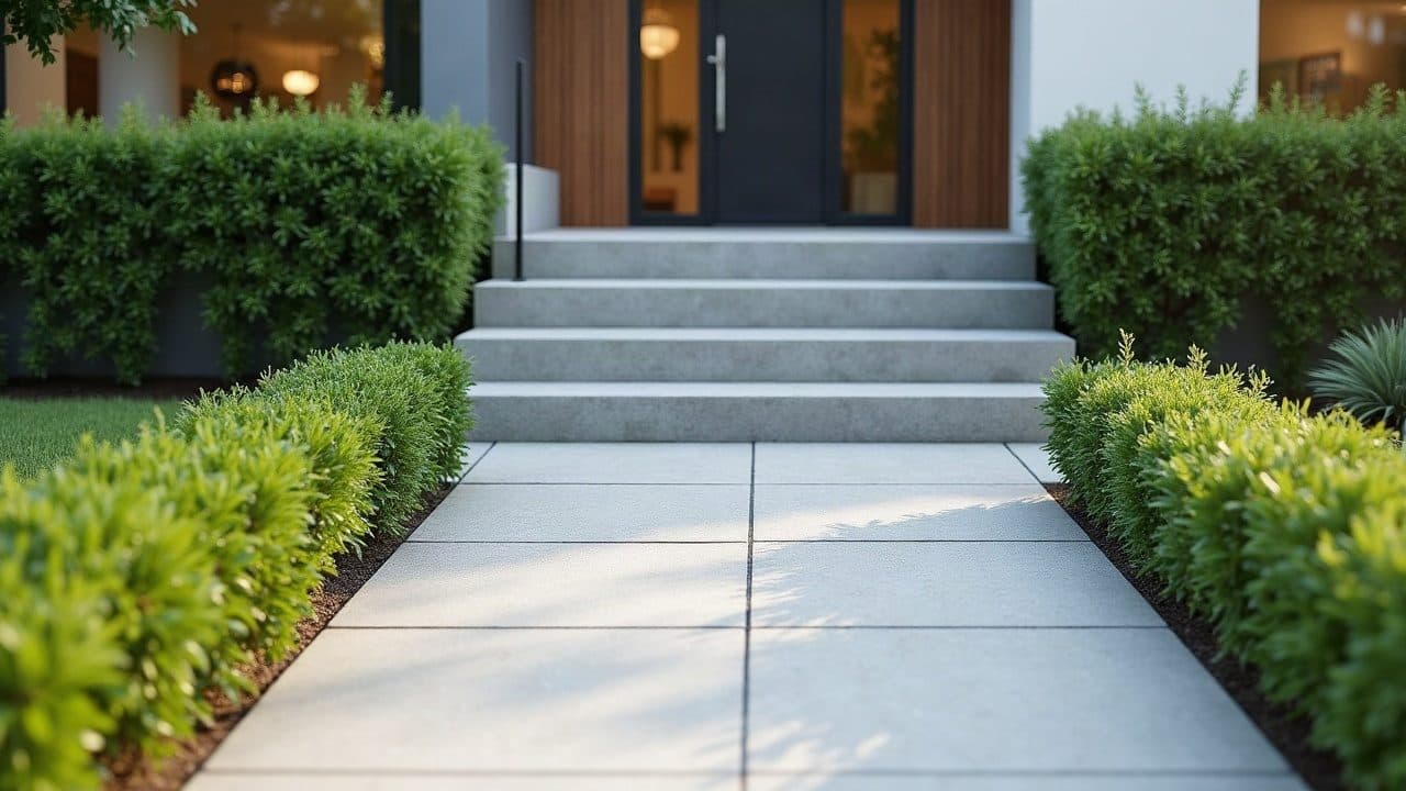 Allée et marches d'entrée maçonnées neuves devant une maison récente