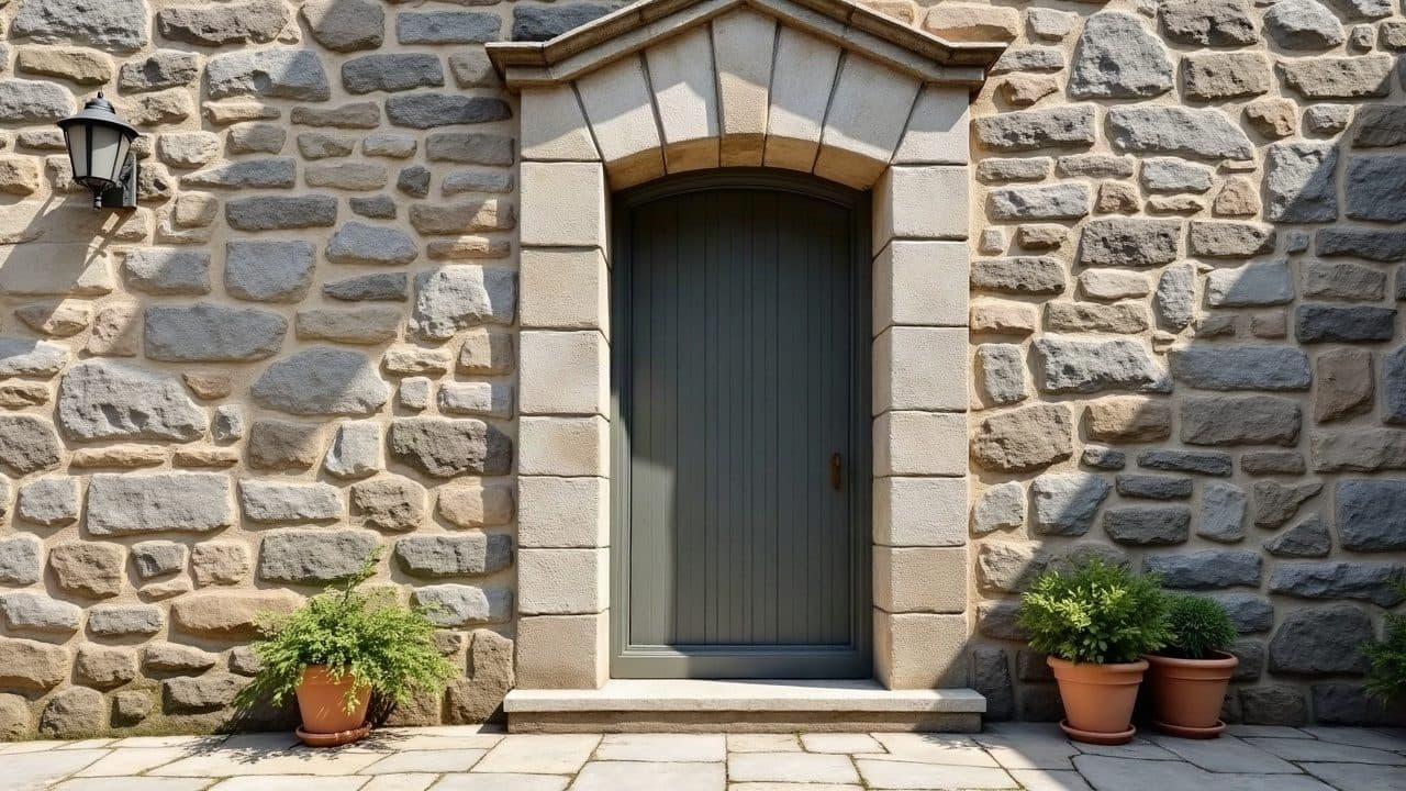 Mur ancien en pierre d'une maison de ville, joints à la chaux refaits