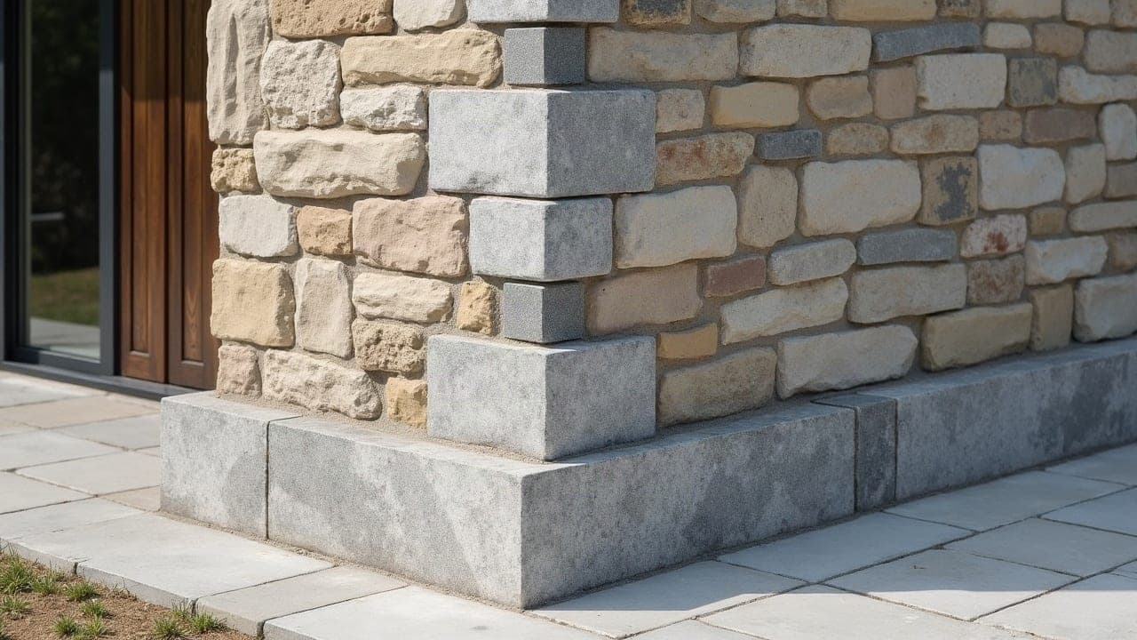 Angle en granit d'une maison ancienne de Port-Louis, chaîne d'angle et joints repris
