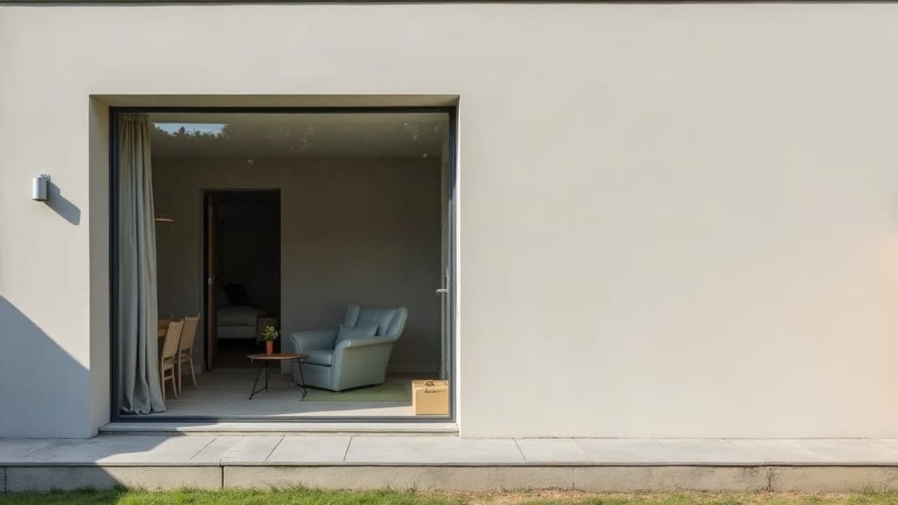 Extension achevée à Quéven, mur enduit, baie vitrée et terrasse béton