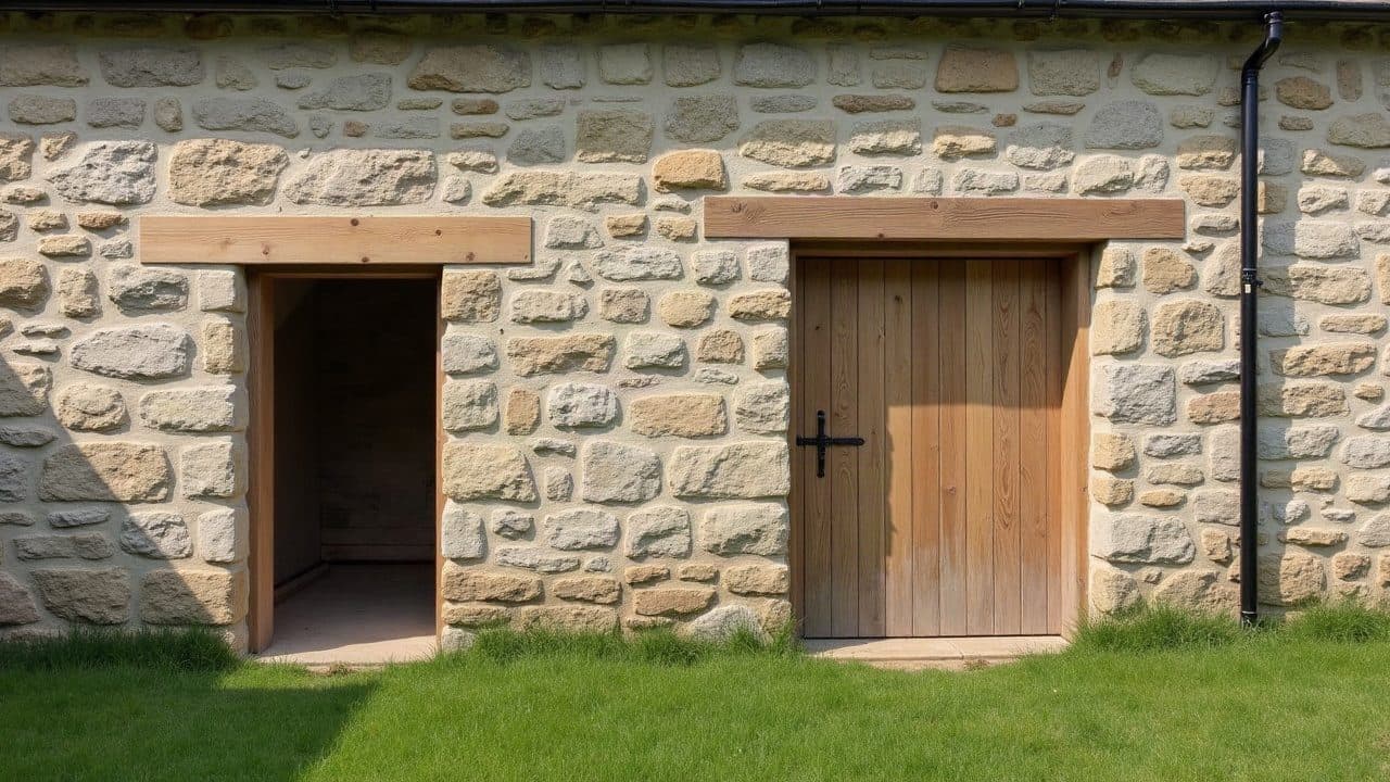 Mur de grange en pierre rejointoyé à la chaux, porte bois neuve