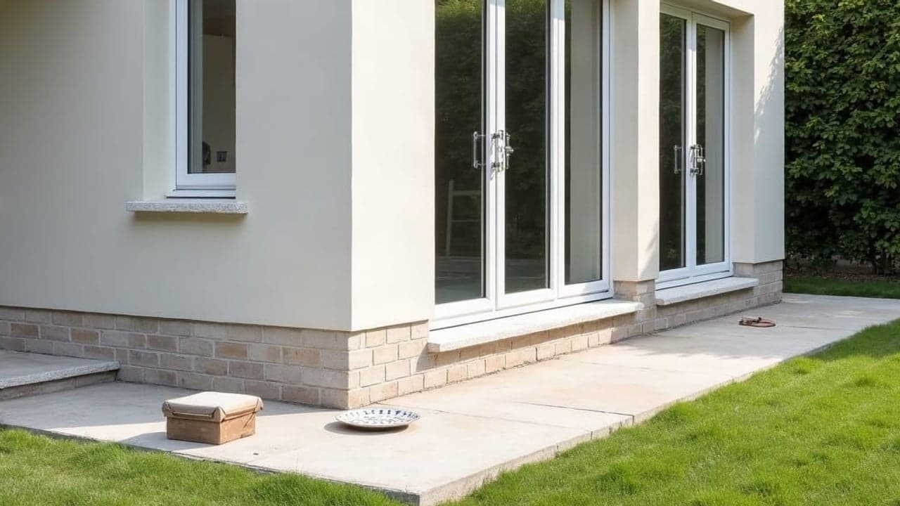 Angle d'extension enduit à Riantec, baies vitrées et terrasse béton au pied du mur