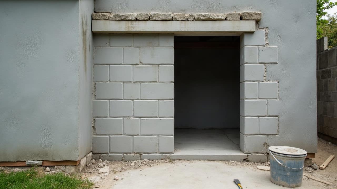 Ouverture pratiquée dans un mur existant en parpaing, blocs apparents sur les bords de l'ouverture avant pose d'un linteau