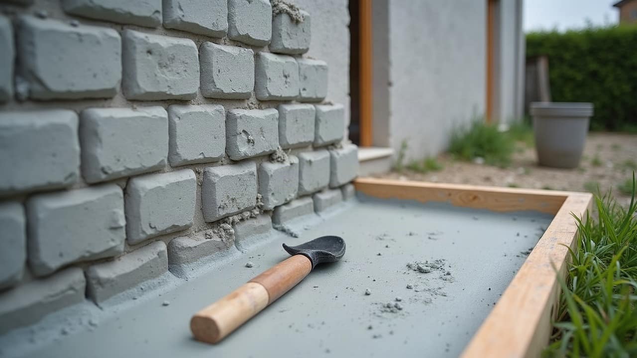 Coffrage bois pour une dalle de béton en cours de coulage, avec une truelle posée contre le mur existant