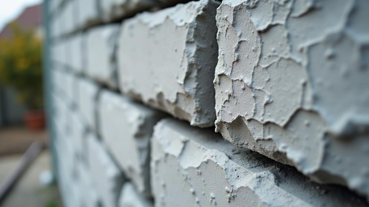 Détail d'une fissure sur un mur enduit, fente traversant la surface de haut en bas