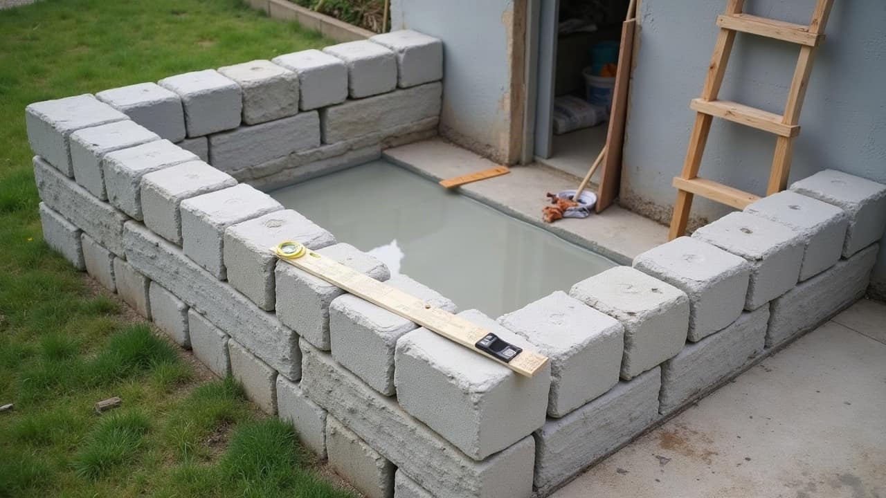 Coffrage bois pour une dalle de béton, mur en parpaing d'une extension déjà monté en arrière-plan