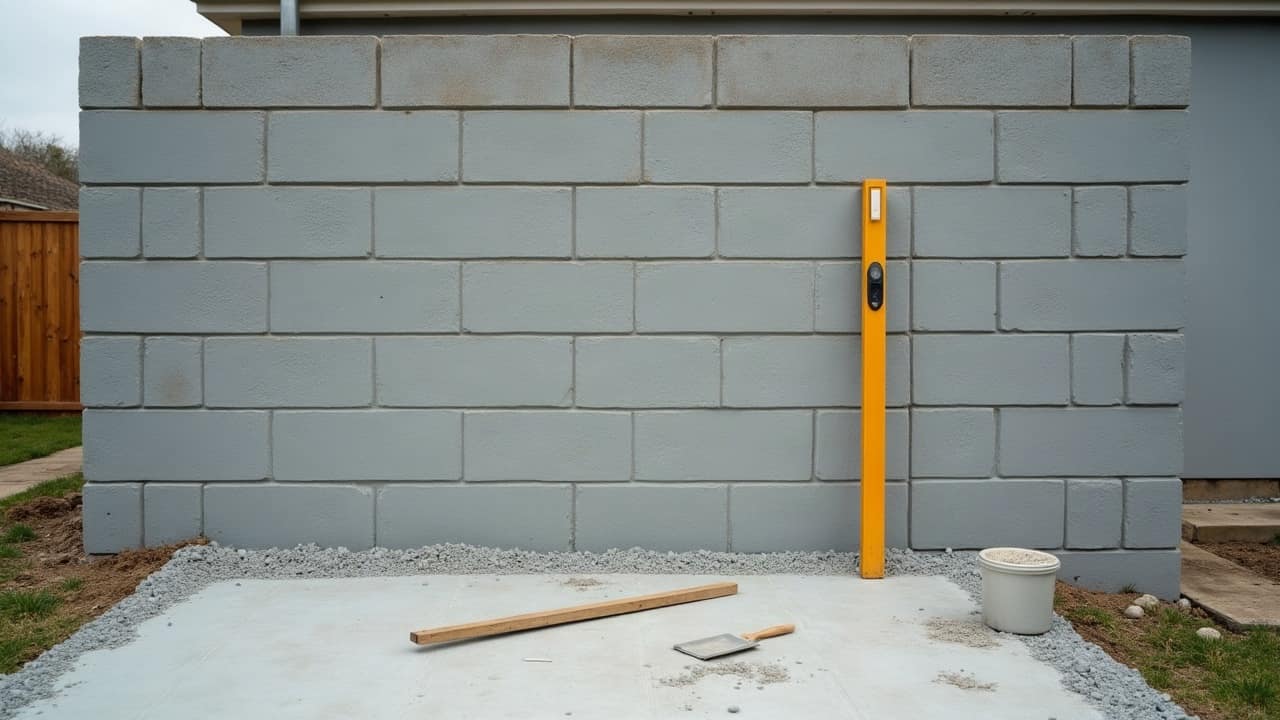 Niveau à bulle posé contre un mur de parpaing enduit, en limite de deux parcelles voisines
