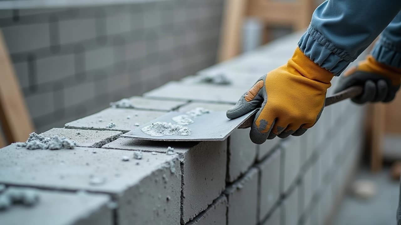 Truelle étalant un enduit de mortier gris sur une surface de mur, finition régulière en cours d'application