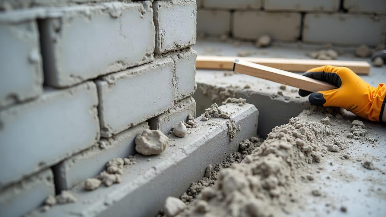 Semelle filante en béton coulée au fond d'une tranchée, avec un rang de parpaing déjà monté sur une portion de la fondation