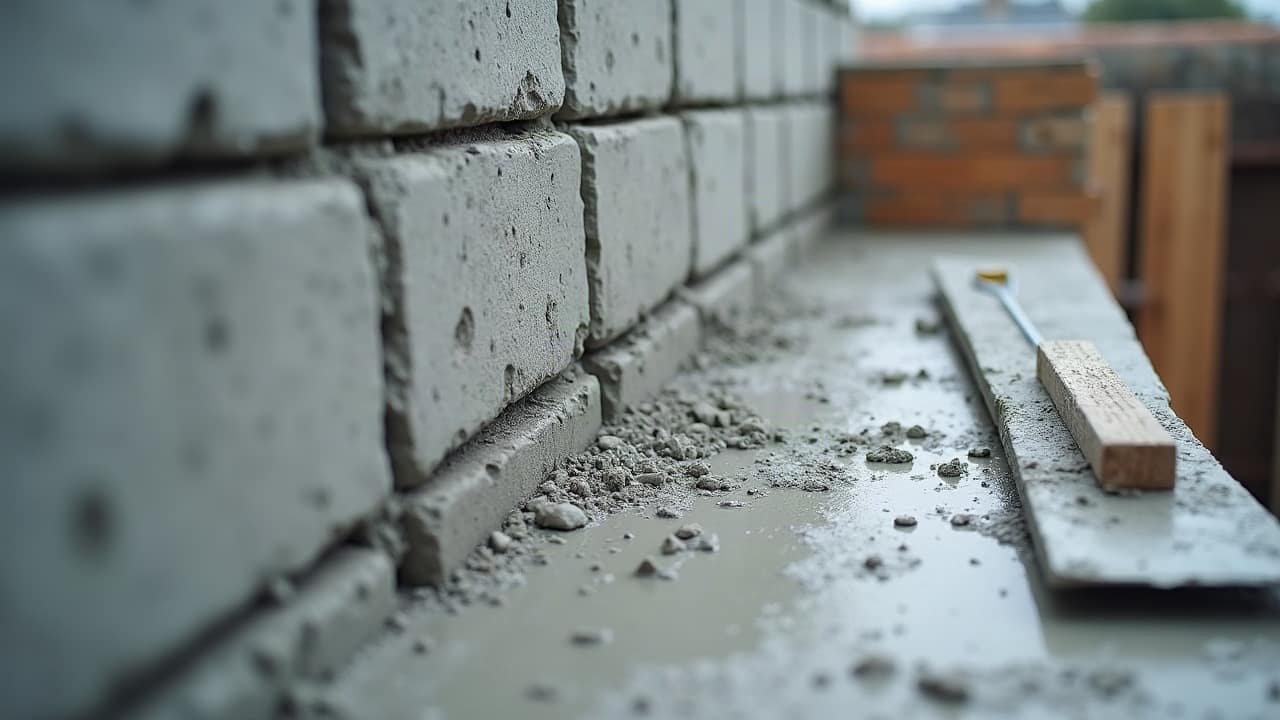 Rangs de blocs de béton enduits, mur d'une maison de la seconde moitié du vingtième siècle